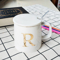 鑫向前创意马克杯字母金边咖啡杯带盖勺办公室水杯男女生情侣早餐杯牛奶杯（白色）
