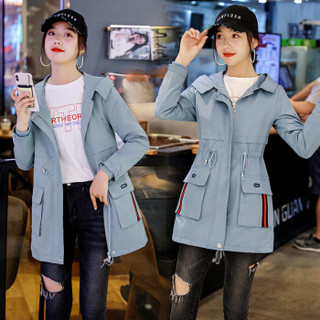 BANDALY 风衣女2019秋季女装新款装中长款韩版小个子大口袋时尚外套 yzHRYZ650-1 蓝色 2XL