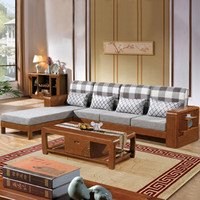 摩高空间新中式沙发实木沙发组合现代简约布艺沙发冬夏两用沙发四人位+贵妃榻+茶几胡桃木色