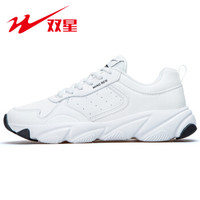 双星 Double Star男鞋秋季新款跑步鞋运动鞋男士百搭休闲鞋复古皮面老爹鞋缓震跑鞋 193012 白色 42