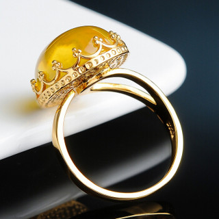 荔尚珠宝 S925银镶嵌蜜蜡椭圆形戒指琥珀指环16#新年礼物