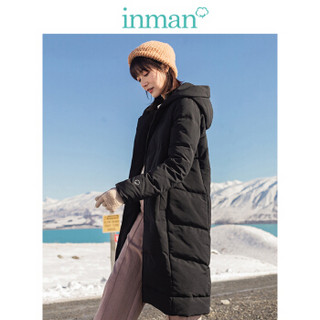 茵曼（INMAN）2019冬装新款纯色插袋袖口绣花连帽保暖长款羽绒服外套女 18941|21574 午夜黑 M