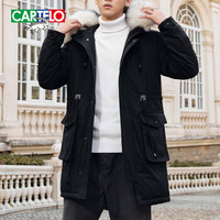 卡帝乐鳄鱼(CARTELO)羽绒服中长款2019年冬季新款加厚保暖男装大毛领连帽上衣外套 黑色 3XL