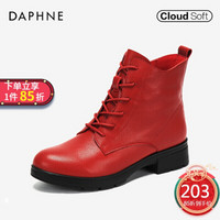 Daphne/达芙妮女靴简约系带中跟摔纹牛皮休闲马丁靴短靴女