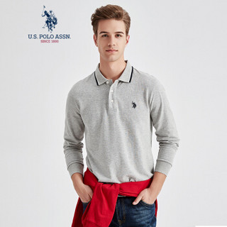 U.S. POLO ASSN.polo衫男士长袖纯棉套头刺绣条纹领舒适透气开叉下摆上衣5193205055 浅灰色 L