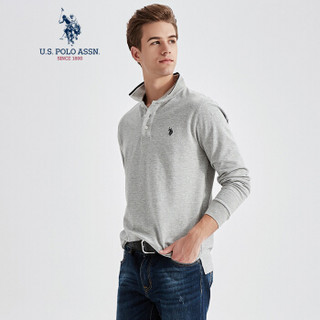 U.S. POLO ASSN.polo衫男士长袖纯棉套头刺绣条纹领舒适透气开叉下摆上衣5193205055 浅灰色 L