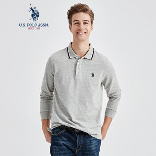 U.S. POLO ASSN.polo衫男士长袖纯棉套头刺绣条纹领舒适透气开叉下摆上衣5193205055 浅灰色 L