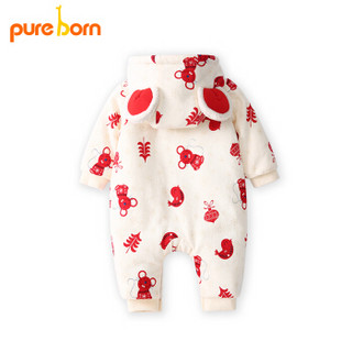 pureborn新生婴儿连体衣服冬季夹棉加厚保暖鼠年红色男女宝宝爬服 鼠年快乐米白 9-12个月