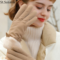 圣苏萨娜手套女冬加绒加厚保暖触屏女士手套韩版时尚户外骑行手套SSN897 卡其色