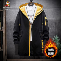 稻草人(MEXICAN)风衣男 时尚连帽夹克衫防风简约男士中长款外套 黑色加棉 XL