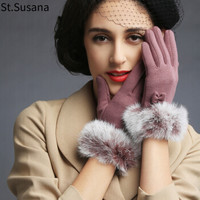 圣苏萨娜手套女冬保暖加绒防风触屏手套韩版时尚可爱蝴蝶结手套SSN506 紫色