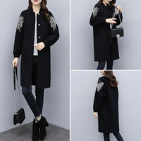 丽乔 毛呢大衣女中长款冬季2019新品韩版女装大码毛呢外套刺绣棒球服黑色呢子大衣潮 zx5325-8742 黑色 XL