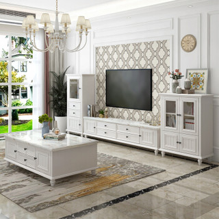佳佰 电视柜 美式大理石电视柜茶几组合小户型实木白色储物地柜客厅家具2m汉白玉台面