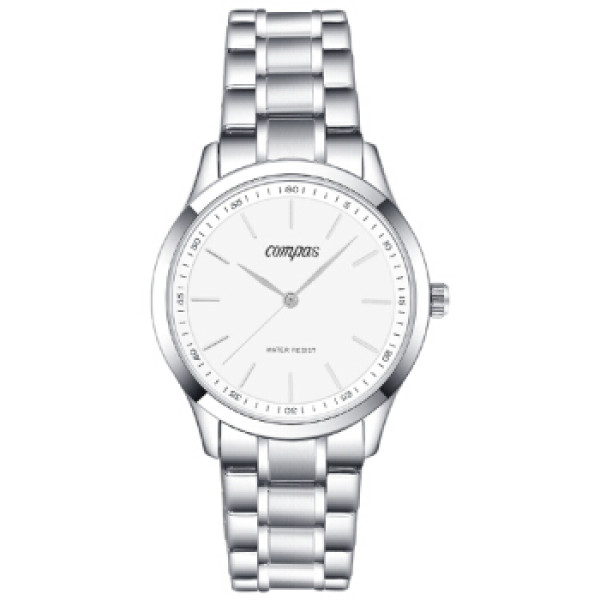 康巴丝(compas)手表 时尚简约潮流情侣表男士手表白面钢带腕表防水