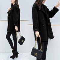 丽乔 2019冬季新品韩版女装毛呢大衣女中长款大衣女毛呢外套宽松茧型呢子大衣 XDD07 黑色 M
