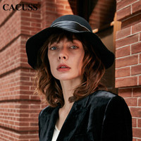 CACUSS L0161女士礼帽冬季复古摩登圆顶盆帽秋季出游百搭大帽檐毛呢帽子女 黑色