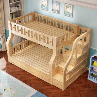 酷林 KULIN 儿童床 实木上下两层子母床清漆梯柜带护栏松木成人床上1.4m下1.6m