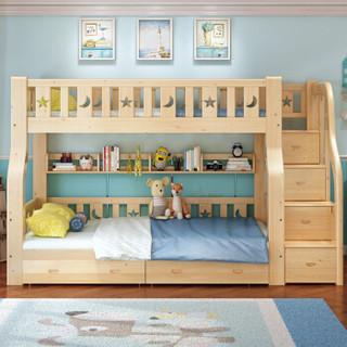 酷林 KULIN 儿童床 实木上下两层子母床清漆梯柜带护栏松木成人床上1.4m下1.6m