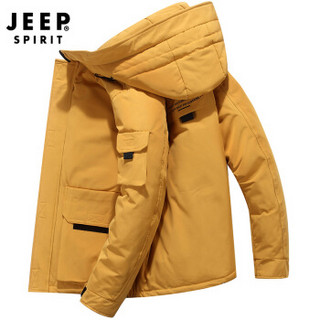 吉普 JEEP 羽绒服男士冬季时尚潮流纯色连帽大口袋保暖工装外套 D1908 黄色 3XL