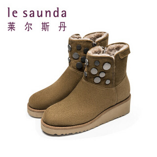 莱尔斯丹 le saunda 时尚休闲圆头侧拉链铆钉平底加绒雪地靴 LS 9T48701F 橄榄绿色 39