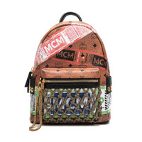 MCM MMK9SVE25CO001 男/女款LOGO图案涂层帆布配皮双肩包干邑色