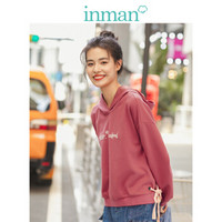 茵曼（INMAN）2019秋装新款文艺纯色英文字母绣花绑带连帽长袖卫衣女 18930|82880 珊瑚红 M