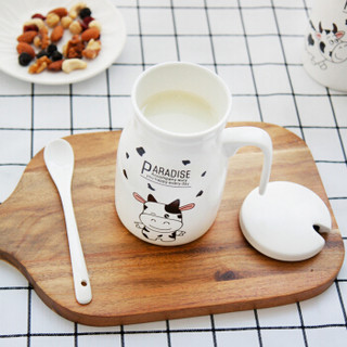 Edo 磨砂呆萌牛陶瓷杯 可爱学生创意带盖勺牛奶咖啡杯早餐杯杯子