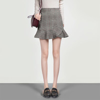 一塘晨秋装新款女2019新款时尚格子高腰复古短款半身鱼尾裙 S93R4134BA897XL  灰色格子 XL