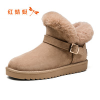红蜻蜓（ RED DRAGONFLY ）女棉鞋平底舒适短靴时尚加绒保暖雪地靴休闲女靴 WGC90801/02/03 卡其色 36