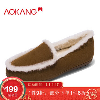 奥康（Aokang）简约舒适套脚毛毛保暖舒适平底豆豆鞋196024002黄色35码