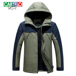 卡帝乐鳄鱼(CARTELO)棉服男2019冬季新款青中年男士商务休闲连帽加厚保暖外套男棉袄 军绿 3XL