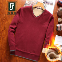 吉普盾毛衣男装韩版休闲V领加绒毛衣打底衫百搭纯色针织衫 酒红 L