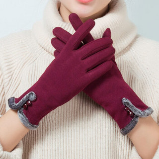 百尚意特（BAISHANGYITE） 手套 女士冬季保暖麂皮绒触屏手套加绒骑车手套纽扣边 红色 均码两双