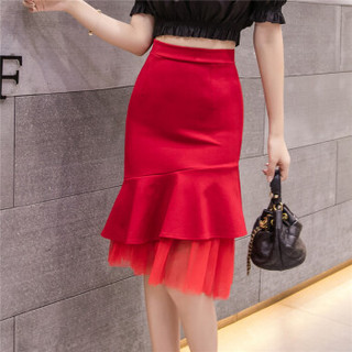 Sum Rayleigh 新薇丽 高腰网纱包臀裙 夏季新款韩版拼接纯色不规则荷叶边半身裙 GGSS1867 红色 2XL