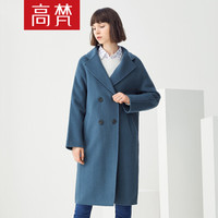 高梵 GOLDFARM 2019秋冬新款韩版毛呢外套女双排扣中长款过膝修身双面呢大衣G1180092 雾霾蓝A M
