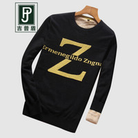 吉普盾加绒针织衫男2019冬季新款休闲圆领上衣打底毛衣男 黑色 3XL