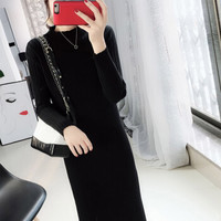 丽乔 毛衣女中长款秋冬季2019新款女装半高领打底衫内搭过膝针织连衣裙 yw4D13 黑色 XL