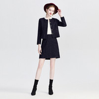 她池2019秋装新款女小香风圆领修身短款外套搭A字包臀半身裙套装 T93Z2356A2XL  深蓝色 XL