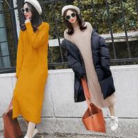 AUDDE 2019冬季新款女装新品针织衫女长袖中长款套头宽松腰圆领连衣裙纯色气质 cchnzYHYW8011 明黄色 均码