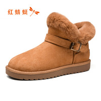 红蜻蜓（ RED DRAGONFLY ）女棉鞋平底舒适短靴时尚加绒保暖雪地靴休闲女靴 WGC90801/02/03 卡其色 37