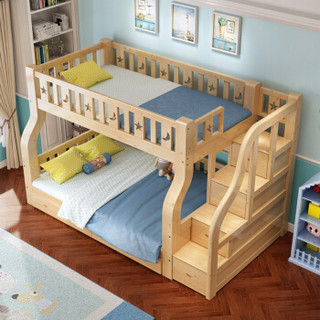 酷林 KULIN 儿童床 实木上下两层子母床清漆梯柜带护栏松木成人床上1.15m下1.35m