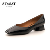 星期六女鞋（ST&SAT）漆面牛皮革时尚简单优雅浅口粗跟单鞋SS91111255 黑色 37