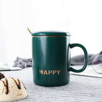 贝瑟斯 情侣创意个性带盖勺卡通陶瓷马克杯子早餐牛奶咖啡喝水杯女男描金绿色