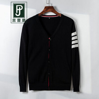 吉普盾开衫毛衣男士秋装上衣外套男2019新款韩版修身潮流V领针织衫 黑色 M