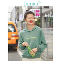 茵曼（INMAN）2019秋装新款文艺纯色英文字母绣花绑带连帽长袖卫衣女 18930|82880 豆绿色 XL