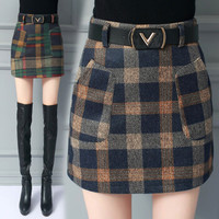 AUDDE 2019秋冬季新款女装新品半身裙女一步裙毛呢格子a字大码短裙包臀胖mm HZD9-889 卡其色 L