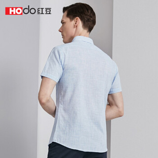 红豆（Hodo）男装 衬衫男 时尚方领休闲修身亚麻男士短袖衬衫 S3蓝色 190/104B