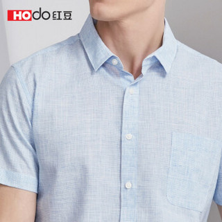 红豆（Hodo）男装 衬衫男 时尚方领休闲修身亚麻男士短袖衬衫 S3蓝色 190/104B