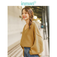 茵曼（INMAN）2019冬装新款宽松慵懒套头V领落肩袖纯色文艺百搭毛衣女 18941|32332 驼黄 L