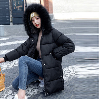 米兰茵（MILANYIN）女装 2019年冬季新款中长款连帽大毛领学生外套韩版棉服 NYml778 黑色 L